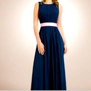 Kanali K sleeveless bridesmaid or formal navy blue with pink ribbon dress.
